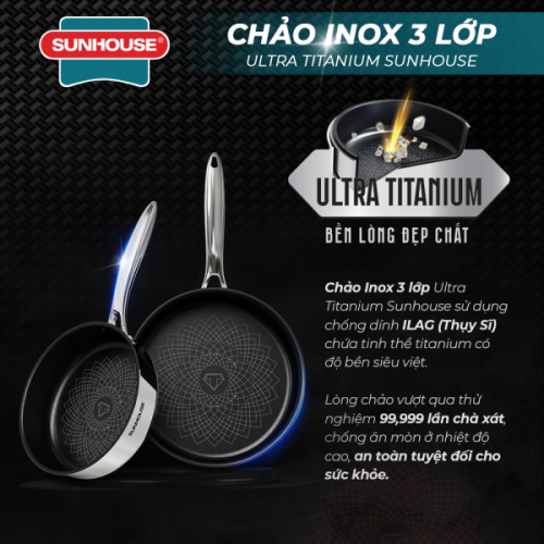 Chảo Inox 3 Lớp Ultra Titanium Sunhouse STI18M